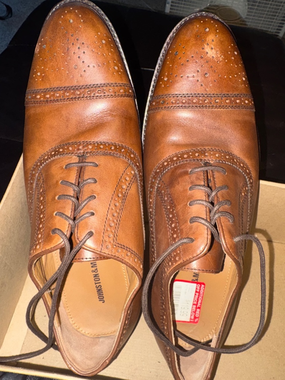 Johnston & Murphy Tan Brown Leather Brogue Cap-Toe Oxfords